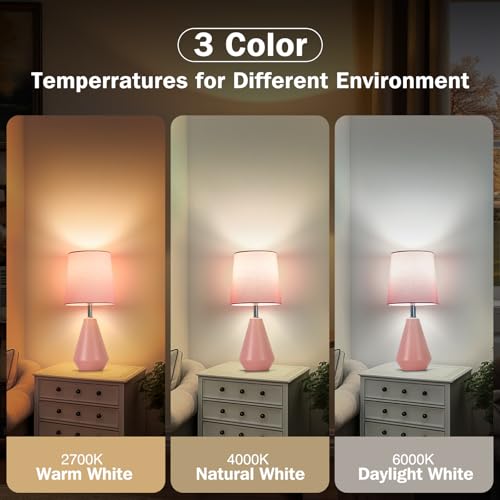 Small Bedside Table Lamp for Bedroom - Reading Desk Lamp with 3 Color Temperatures，15.5" Nightstand Ceramic Lamp with Fabric Shade for Kids Room,Living Room,Dorm,Home Office (Pink) - color: Pink, size: 15.5"