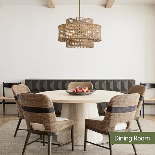 17.7” Boho Rattan Chandelier Light Fixture 4-Light Hand Woven Rustic Chandeliers with Wicker Shade, Farmhouse Chandelier Hanging Light for Dining Room Kitchen Island, Living Room, Foyer - color: Linen, size: 17.7" 4-Light