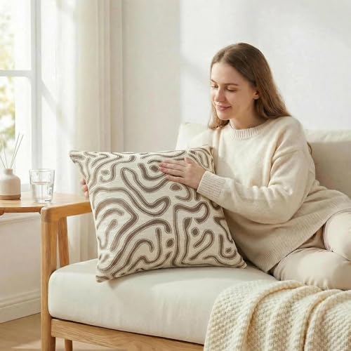 Mantle & Mason Throw Pillow Covers 18x18 Chenille Pillow Covers Set of 2, Beige Modern Abstract Luxury Textured Decorative Pillow Cover for Couch Sofa Bed Living Room - color: Artflow Beige, size: 18" x 18" (Pack of 2)
