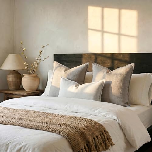 Chenille Linen Throw Pillow Covers 18x18 Set of 2, Thick Textured Boho Pillow Covers, Farmhouse Decorative Pillow Covers, Neutral Vintage Accent Covers for Couch Sofa Bed, Light Brown - color: Light Brown, size: 18" x 18" (Pack of 2)