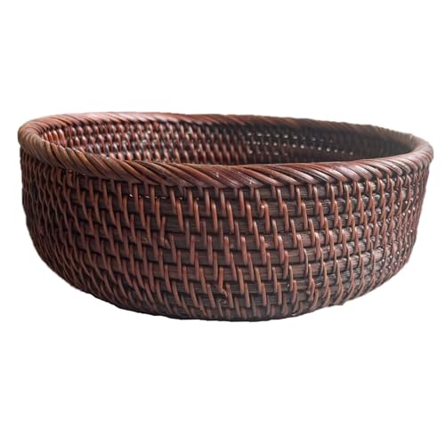 9 Inch Round Rattan Bowl Basket, Handmade Wicker Basket Tray with Scalloped Edge and 3”Deep Wall, Decorative Woven Dark Brown Bread Basket Fruit Bowl Key Holder Table Centerpiece, M - color: M - D8.7 x H2.8 inch