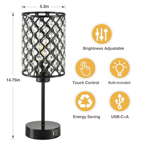 GyroVu Crystal Table Lamp, Black Lamp for Bedroom Nightstand with USB C+A Ports, Dimmable Touch Lamp with Crystal Shade, Bedside Lamp Small Lamp for Bedroom, Living Room, Office (Bulb Included) - color: Black, size: 14.75"