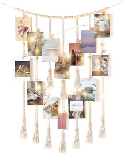 Mkono Macrame Hanging Photo Display Wall Decor with String Lights Boho Room Bedroom Wooden Beads Garland Picture Greeting Cards Holder with 30 Clips - color: Beige, size: Medium