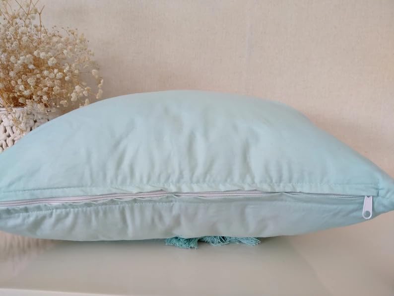 Boho Macrame Floral Throw Pillow Cover with Corner Tassels, Light Turquoise Hand Knitted Fringe Decorative Square Cushion Case for Sofa Couch Bedroom Home Decor, 18x18 Inch (Pillow Insert Not Included