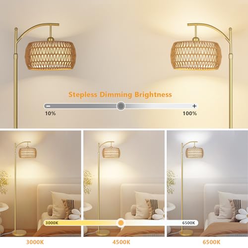 eyassi Arc Floor Lamp with 3 Color Temperatures, LED Gold Floor Lamp with Remote & Stepless Dimmable Bulb, Boho Standing Lamp with Rattan & Fabric Shades, Farmhouse Tall Lamp for Living Room Bedroom - style: Bohemian-Gold