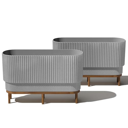 Veradek Demi Series Raised Long Planter for Indoor/Outdoor Use | Made from Plastic & Stone w/Wooden Stand | Modern Patio Décor for Flowers/Shrubs - color: Grey/Brown, size: 30 inch - 2 Pack