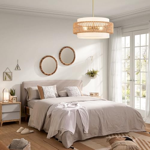 19.7" Boho Rattan Chandelier, 4-Light Large Rattan Pendant Light with Fabric Shade, Boho Drum Ceiling Hanging Light Fixture for Dining Room, Living Room, Kitchen Island, Hallway, Foyer - size: 19.7" V-shaped weaving