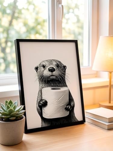 LBTZEVIR Framed Black and White Bathroom Wall Art Cute Animal Wrapped Canvas Painting Otter Holding Toilet Paper Wall Decor Modern Humor Painting Wall Funny Bathroom Wall Decor for Hme 16×12in - color: Black and White, size: 16"L x 12"W