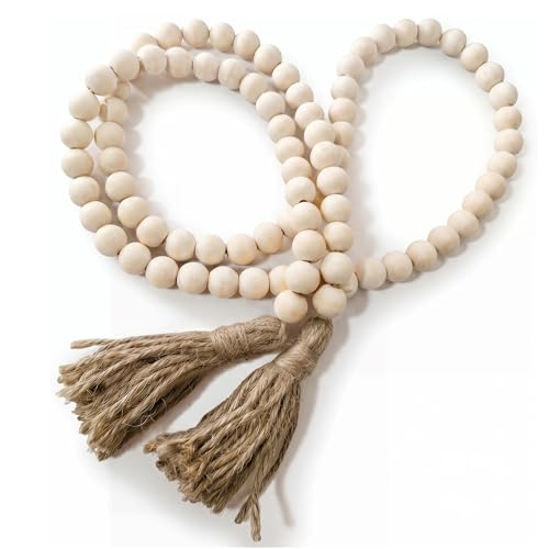 RGB World Farmhouse Beads Long Length Solid Wood Bead Boho Tassel Garland - Rustic Country Solid Beaded Boho Chic Decor for Wall, Above Cabinet & Table
