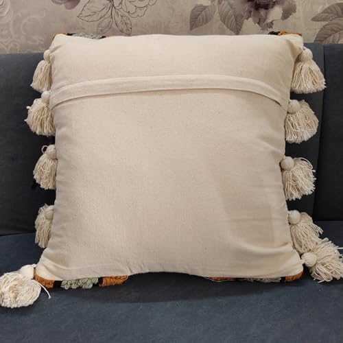 Boho Decorative Throw Pillow Cover, Cream, Tufted Diamond Pattern with Tassels, Square, Bohemian Style