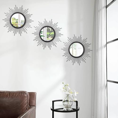3 Pack Black Metal Wall Mirrors Sunburst Wall Mirrors Home Décor Art Decorative Modern Bohemian Hanging Wall Art for Bedroom Bathroom Living Room Entryway Small 12'' - color: Sunburst-black, size: 3 Set 12"L x 12"W