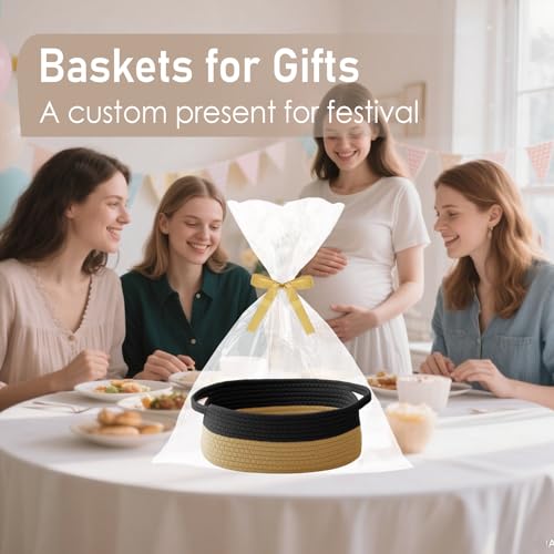 JMvicyroam Woven Basket,Small Rope Storage Bin with Handles & Ribbon Bag, Organizer for Shelves Closets,Gift Basket Empty for Birthday,Books,Dog Toys, Black&Jute/2 Pack - color: Black&Jute, size: 2 Pack