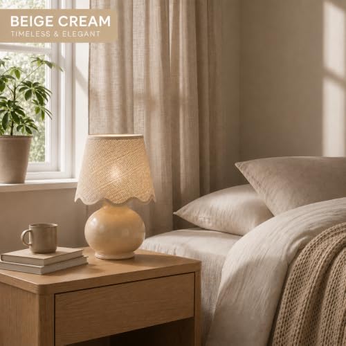 Benton Ceramic Table Lamp with Fabric Shade – 13" Bedside Accent Lamp for Bedroom, Living Room & Nightstand (Beige Cream) - color: Beige Cream