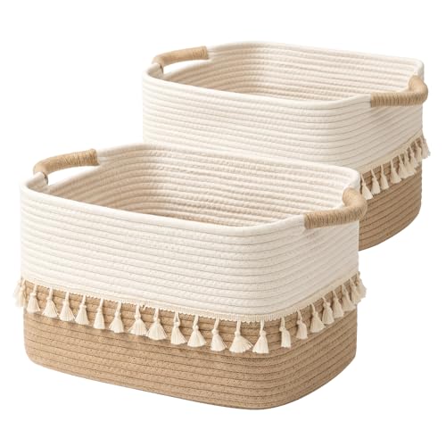 TeoKJ 2 Pack Woven Storage Bin, Cotton Rope Basket for Storage, Clothes Boho Basket Bin for Organizing, Fabric Basket for Books, Plants, Pet Treats, White & Jute - color: White & Jute, size: 2 Pack