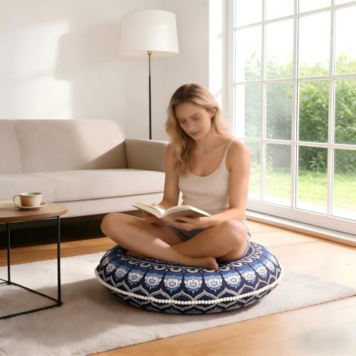 LOVMOC 32 Inch Round Floor Pillow for Adults, Large Thick Memory Foam Boho Mandala Meditation Floor Seating Cushion, Machine Washable for Living Room Outdoor Yoga Floor Sitting, Navy Blue - color: Navy Blue, size: 1 Count (Pack of 1)