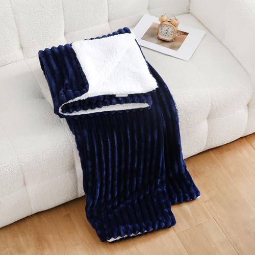 Navy Blue Sherpa Fleece Throw Blanket 50”×60” for Couch Sofa Bed,Double Side Soft Fuzzy Cozy Plush Thick Flannel Blanket with Striped Design Gift for Adults,Woman,Girls - color: Navy Blue, size: 50×60inch