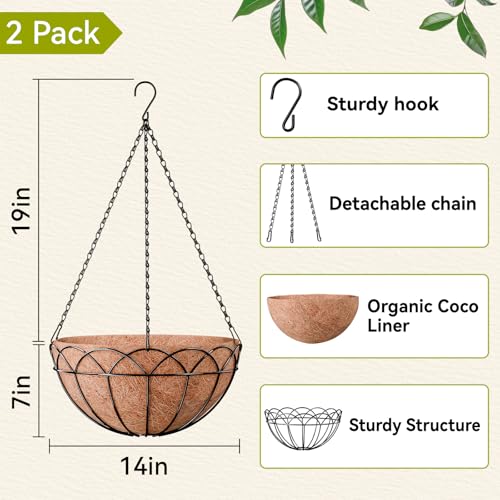 Halatool 2 Pack 14 Inch Hanging Baskets with Coco Liners, Rustproof Metal Flower Planters with Chain Hooks, No Tool Needed Heavy Duty Hanging Pots for Outdoor Patio Balcony Decor