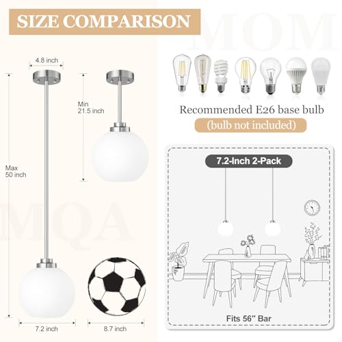 MQMQA 2 Pack Globe Pendant Lights, Mid Century Brushed Nickel Pendant Light Fixtures, Globe Pendant Lights Kitchen Island with Milk Glass Shade Hanging Fixture for Dining Room (Bulbs not Included) - color: Brushed Nickel + Milky White Glass 2 Pack