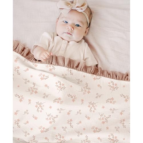 Konssy Flounce Muslin Baby Blanket for Girls Boys, 100% Cotton Soft Crib Swaddle Blankets, Reversible & Breathable Nursery Bedding for Newborns Toddlers, 43 x 39 Inches (Petal Dream) - color: Petal Dream, size: 43"x39"
