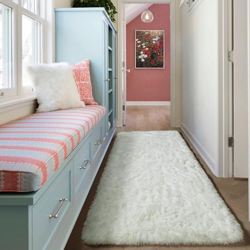 ONASAR Cream White Runner Rugs for Bedroom Living Room, Ivory Fluffy 2x6 Bedside Hallway Area Rug, Ultra Soft Plush Furry Faux Fur Non Slip Floor Carpet for Nursery Kids Dorm Closet Home Decor - color: Cream White, size: 2' x 6' (Runner)
