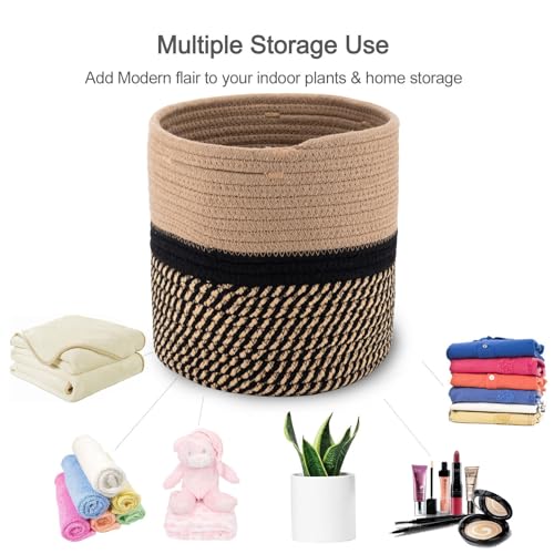 Woven Cotton Rope Plant Basket for 11" Flower Pot Floor Indoor Planters,Storage Organizer Basket Rustic Home Decor (11" x 11",Black and Brown Stripes) - color: Black Stripes, size: W 11"x H 11"
