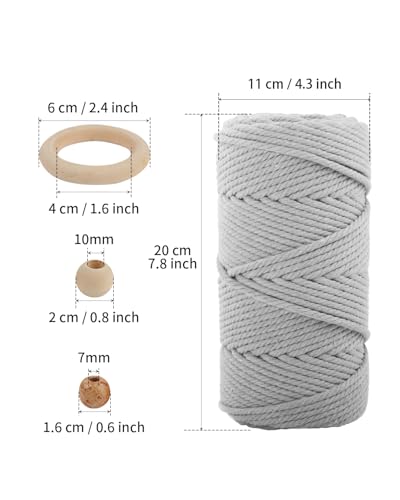 Macrame Cotton Cord 6mm x 109 Yards, ZUEXT 100% Natural Handmade Colorful 4 Strands Twisted Braided Cotton Rope for Wall Hanging Plant Hangers Gift Wrapping Tapestry DIY Crafts (100m, Light Grey) - color: Light Grey, style: 6mm x 100m