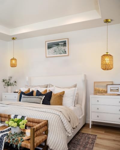 Boho Pendant Light, 6″ Hanging Lamp with Rattan Cylinder Lamp Shade, Small Wicker Pendant Lights Fixture, Rattan Chandelier Woven Pendant Lamp for Kitchen Island Dining Room Bedroom Hallway - color: 5.9″-Cylindrical