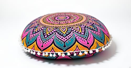 Round Mandala Floor Pillow Cover Seating Cushion Throw Cover Ottoman Pouf Cover Pom Pom Pillow Cases Hippie Decorative Bohemian Boho Indian 22 Inches (New Pink) - color: New Pink