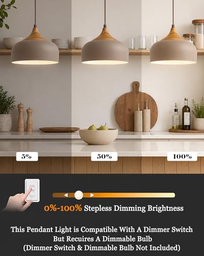 ELYONA 12 Inch Japandi Pendant Light, Farmhouse Pendant Light Fixture with Faux Pine Wood Grain Metal Shade, Adjustable Hanging Light for Kitchen Island Dining Room Bedroom Sloped Ceiling, Dark Brown - color: Dark Brown