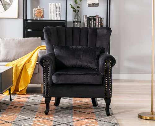 Kmax Black Accent Chair Velvet Wingback Chair with Pillow Nail-Head Channel Tufted Oversized Club Chair for Living Room Bedroom Guest Room - color: Black