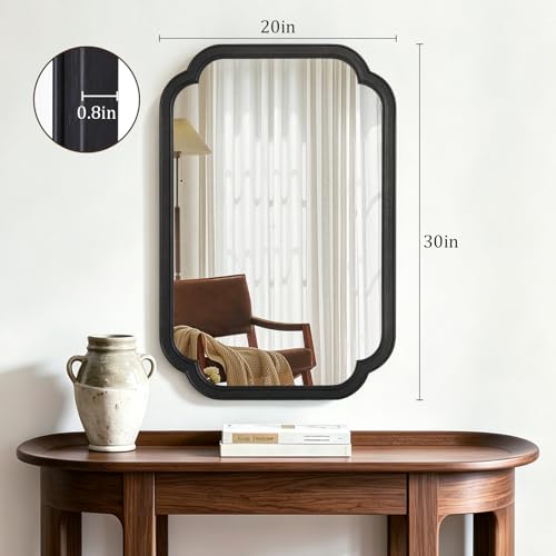 HOMECOOKIN Wood Bathroom Mirror for Wall Decor Arched Rounded Corner Rustic Wood Frame Wall Mirror Home Decorative for Vanity, Living Room, Bedroom, Entryway (20 x 30 inch, Black) - color: Black, size: 30"L x 20"W