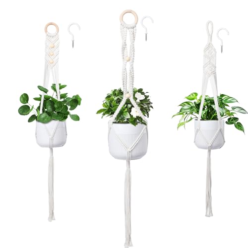 Macrame Plant Hanger 3 PCS Hanging Planters for Indoor Plants with Wood Decor Bohemian Wall Plant Hanger Outdoor Office - color: Beige 01