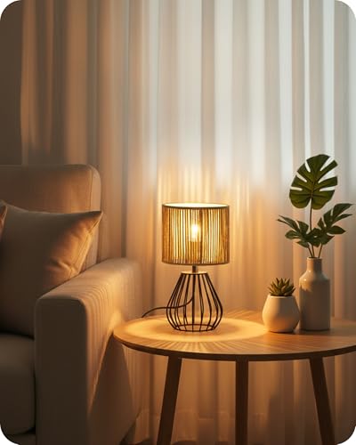 Rattan Table Lamp, Boho Table Lamp, Small Bedside Lamp, Handwoven Paper Lampshade, 2700K LED Bulb Included, Boho Desk Lamp, Modern Nightstand Lamp for Bedroom, Living Room, Striped SW06TL05 - color: Striped + Black