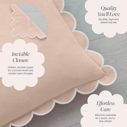 BEBE BASK Scalloped Pillow Cover - Set of 2-18 x 18 Inch - Scallop Pillow Covers – Peach Pink Scalloped Pillows - Scallop Pillows - 100% Cotton - Grandmillennial Style (Peach Pink/White) - color: Peach Pink/White