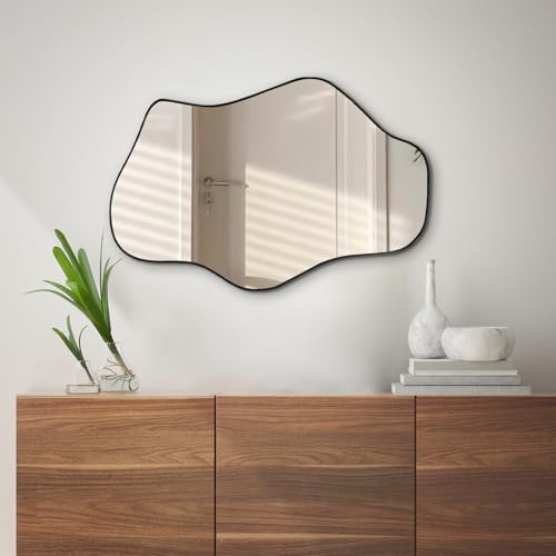 Irregular Wall Mirror, 21"x14" Asymmetrical Mirrors, Modern Frameless Mirror for Wall, Unique Shaped Mirrors for Living Room Bathroom Bedroom Hallway Entryway Fireplace - color: Black, size: 21"L x 14"W