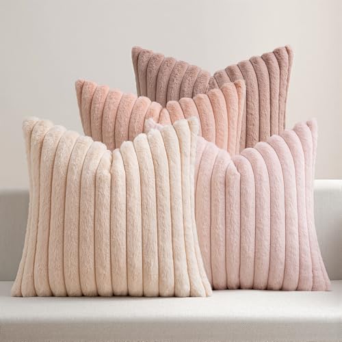 MIULEE Faux Fur Plush Decorative Throw Pillow Covers 18x18 Set of 4, Valentine's Day Cute Modern Soft Romantic Fuzzy Striped Cushion Covers for Sofa Couch Bed Living Room Cozy Home Decor,Pink - color: Pink, size: 18" x 18" (Pack of 4)
