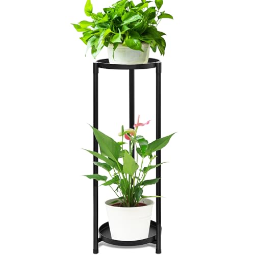 2 Tier Round Tall Metal Plant Stand indoor outdoor, Rustproof Round Planter Display Storage Rack, Heavy Duty Potted Holder for Home Garden Patio Bathroom Living Room(Black) - color: 2 Tier Black