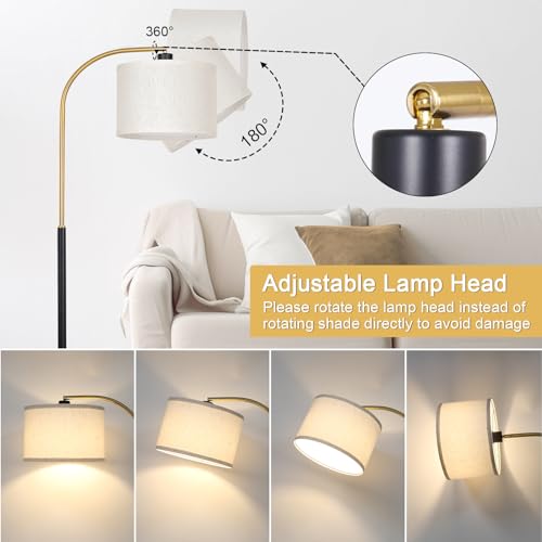 Dimmable Floor Lamp for Living Room, Arc Floor Lamps with Adjustable Drum Shade Pedal Switch, Black and Gold Tall Standing Lamp with 9W LED Bulb, Modern Reading Light Pole Lamp for Bedroom, Office - color: Black and Gold