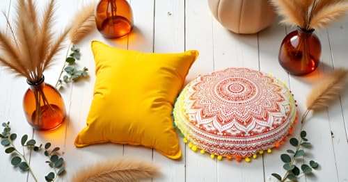 Round Mandala Floor Pillow Cover Seating Cushion Throw Cover Hippie Decorative Bohemian Ottoman Pouf Cover, Pom Pom Pillow Cases,Boho Indian 32 Inches Orange Ombre - color: Orange/Yellow, size: 32" Round