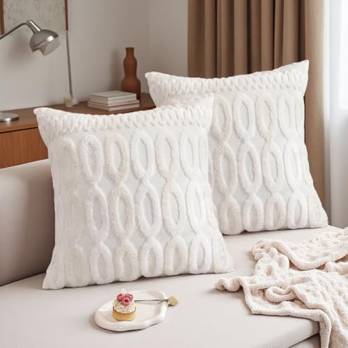 Plush Boho Decorative Throw Pillow Covers Set of 2 Faux Fur Geometric Tufted Pillow Covers Home Decor for Couch Modern Accent Neutral Living Room Cream - color: Cream