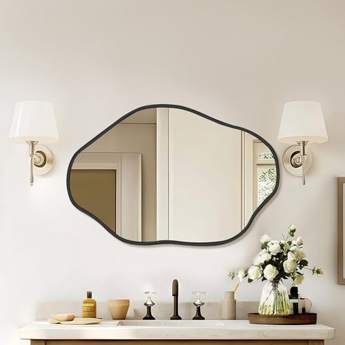 ULIKE Irregular Wall Mirror, 24x36 Inch Black Asymmetrical Mirror with Solid Wood Frame, Abstract Organic Shape Vanity Mirrors for Bathroom Bedroom Living Room Entryway - color: A Black-irregular