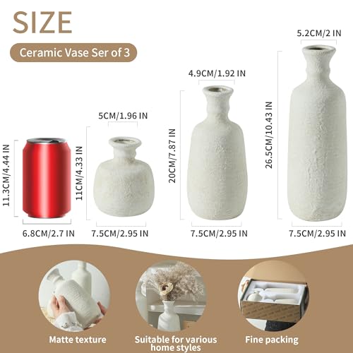 Ceramic Vase Set of 3, Neutral Rustic Vases Home Decor Farmhouse Decorative Vase Whitewashed Pottery Decor Boho Modern for Table Mantel Entryway Bookshelf Living Room Kitchen Bathroom Bedroom - White - color: 011 Vase Set - White