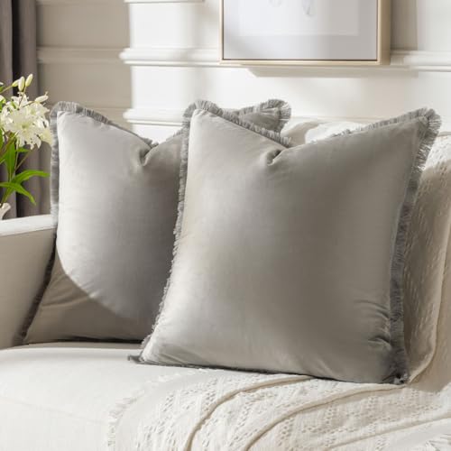 FUTEI Grey Velvet Decorative Throw Pillow Covers 26x26 Set of 2,Soft Cozy Edge with Tassels Euro Pillow Shams,Boho Modern Home Decor for Couch Bed Living Room - color: Grey, size: 26" x 26" (Pack of 2)