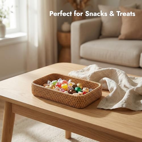 8.3" x 4.3" Small Natural Rattan Storage Tray, Decorative Handwoven Wicker Organizer Keys Tray Catchall, Shallow Rectangular Tray for Snack, Accessories Bathroom & Vanity, Entryway (XS) - color: Natural Xs (8.3" X 4.3")
