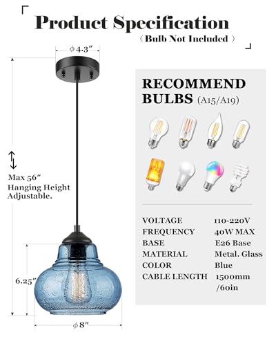 ELYONA 8 Inch Pendant Light for Kitchen Island Modern Blue Hand Blown Bubble Glass Pendant Lighting Hanging Light fixtures for Dining Room Bar Bedroom Living Room - color: Blue
