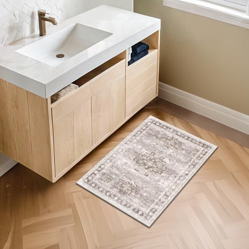 Boho Bathroom Rugs - Washable Non-Slip Soft Low Pile Area Rug for Entryway, Kitchen, and Indoor Spaces - Modern Farmhouse Design, Perfect for Boho Décor (2x3 Beige/Latte) - color: Latte / Beige, size: 2' x 3' (Rectangular)