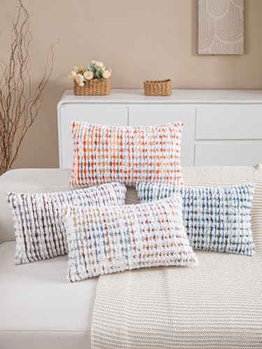 Boho Lumbar Pillow Covers Set of 2-12x20 Inch Farmhouse Tufted Long Boho Throw Pillows, Neutral Fluffy Modern Pillow Cases Rectangle Accent Pillowcase for Couch Bed Home Decor, Blue Green - color: Blue, size: 20" x 12" (Pack of 2)