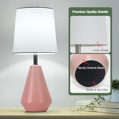 Small Bedside Table Lamp for Bedroom - Reading Desk Lamp with 3 Color Temperatures，15.5" Nightstand Ceramic Lamp with Fabric Shade for Kids Room,Living Room,Dorm,Home Office (Pink+White) - color: Pink+White-1, size: 15.5"