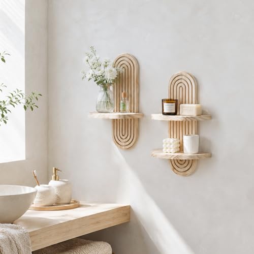 Artilady Boho Wall Decor Wood Shelves Set of 2, Rustic Display Shelf for Crystal Candle Plant, Wall Art for Bedroom Living Room Bathroom (Beige Set 1) - color: Beige Set 1