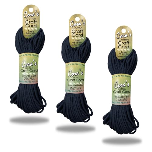 Cora's Cotton Macrame Cord | 2mm x 100ft 3-Pack | Braided Cotton Cord for Macrame | Macrame, DIY Crafts, Plant Hangers, Wall Hanging, Crochet | Durable, Long Lasting, Vibrant (Navy) - color: Navy